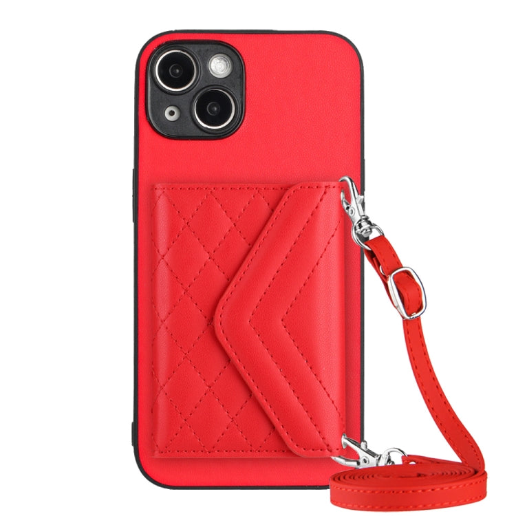 Rhombic Texture Card Bag RFID Phone Case with Long Lanyard, For iPhone 14 Plus, For iPhone 14, For iPhone 14 Pro, For iPhone 14 Pro Max