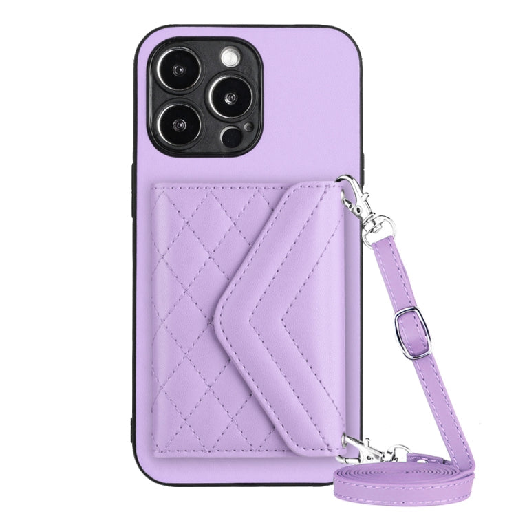 Rhombic Texture Card Bag RFID Phone Case with Long Lanyard, For iPhone 14 Plus, For iPhone 14, For iPhone 14 Pro, For iPhone 14 Pro Max