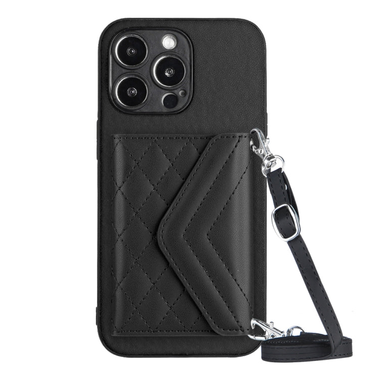 Rhombic Texture Card Bag RFID Phone Case with Long Lanyard, For iPhone 14 Plus, For iPhone 14, For iPhone 14 Pro, For iPhone 14 Pro Max