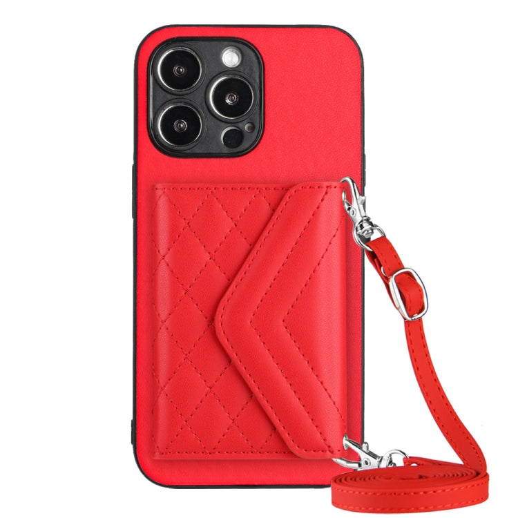 Rhombic Texture Card Bag RFID Phone Case with Long Lanyard, For iPhone 14 Plus, For iPhone 14, For iPhone 14 Pro, For iPhone 14 Pro Max