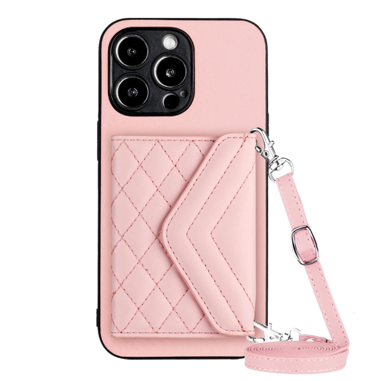 Rhombic Texture Card Bag RFID Phone Case with Long Lanyard, For iPhone 14 Plus, For iPhone 14, For iPhone 14 Pro, For iPhone 14 Pro Max