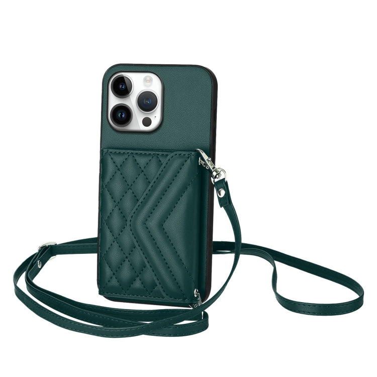 Rhombic Texture Card Bag RFID Phone Case with Long Lanyard, For iPhone 16 Pro Max, For iPhone 16 Pro, For iPhone 16 Plus, For iPhone 16