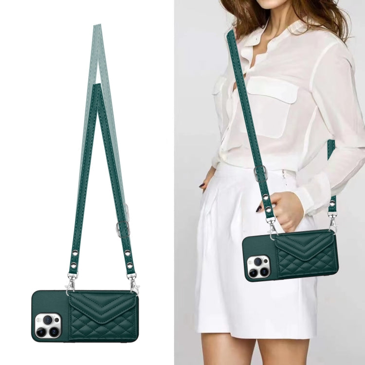 Rhombic Texture Card Bag RFID Phone Case with Long Lanyard, For iPhone 16 Pro Max, For iPhone 16 Pro, For iPhone 16 Plus, For iPhone 16