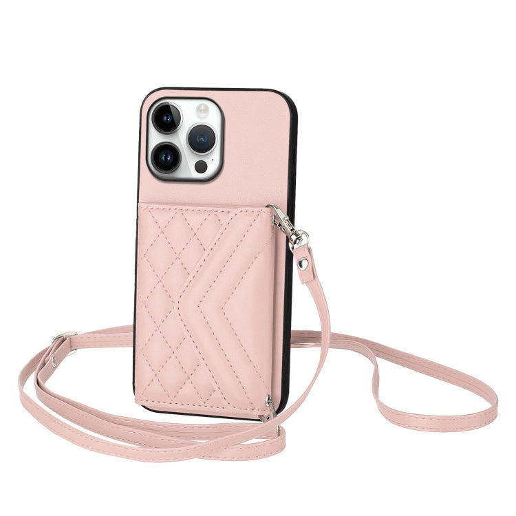 Rhombic Texture Card Bag RFID Phone Case with Long Lanyard, For iPhone 16 Pro Max, For iPhone 16 Pro, For iPhone 16 Plus, For iPhone 16