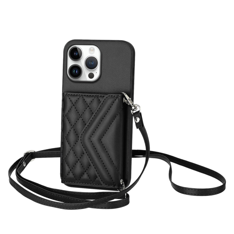 Rhombic Texture Card Bag RFID Phone Case with Long Lanyard, For iPhone 16 Pro Max, For iPhone 16 Pro, For iPhone 16 Plus, For iPhone 16