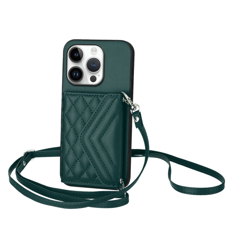 Rhombic Texture Card Bag RFID Phone Case with Long Lanyard, For iPhone 16 Pro Max, For iPhone 16 Pro, For iPhone 16 Plus, For iPhone 16