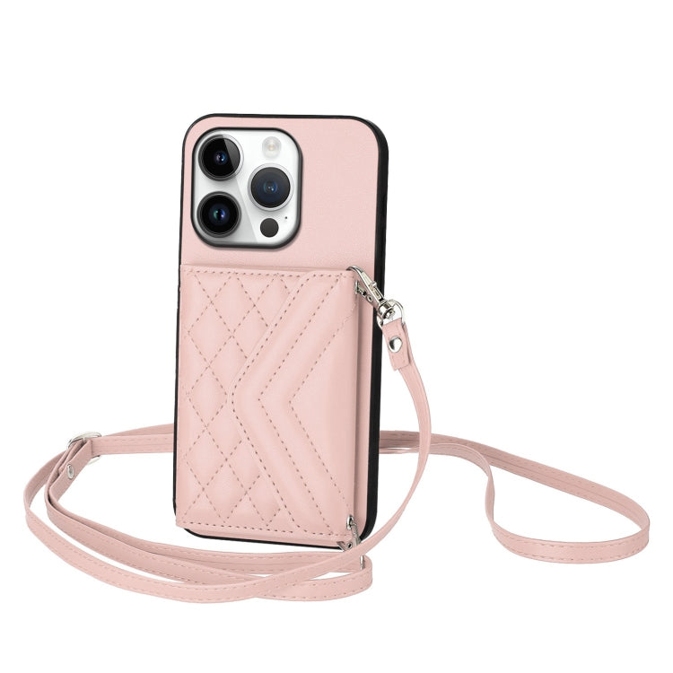 Rhombic Texture Card Bag RFID Phone Case with Long Lanyard, For iPhone 16 Pro Max, For iPhone 16 Pro, For iPhone 16 Plus, For iPhone 16