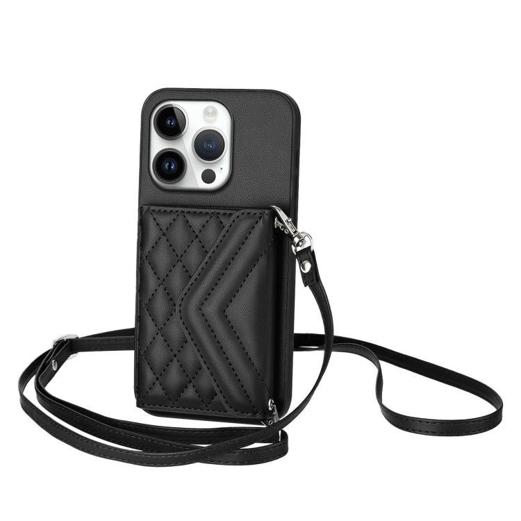Rhombic Texture Card Bag RFID Phone Case with Long Lanyard, For iPhone 16 Pro Max, For iPhone 16 Pro, For iPhone 16 Plus, For iPhone 16