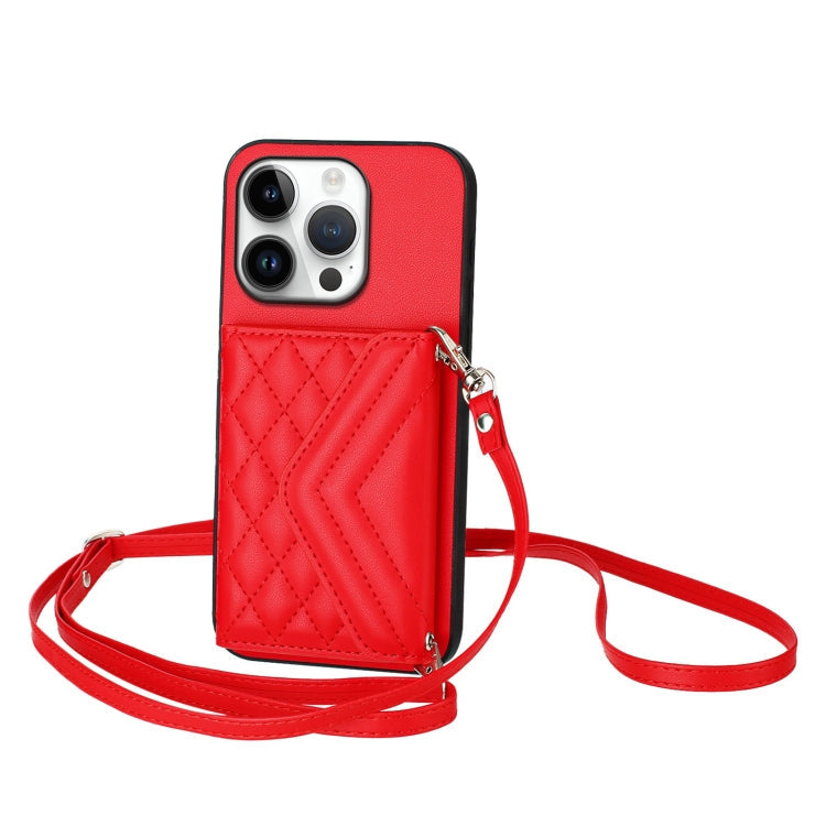 Rhombic Texture Card Bag RFID Phone Case with Long Lanyard, For iPhone 16 Pro Max, For iPhone 16 Pro, For iPhone 16 Plus, For iPhone 16
