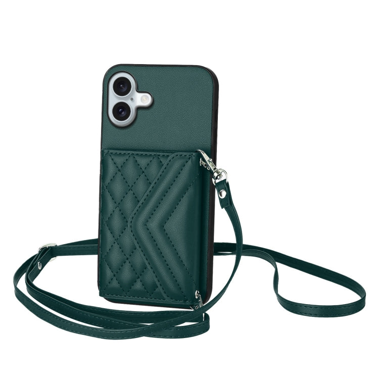 Rhombic Texture Card Bag RFID Phone Case with Long Lanyard, For iPhone 16 Pro Max, For iPhone 16 Pro, For iPhone 16 Plus, For iPhone 16