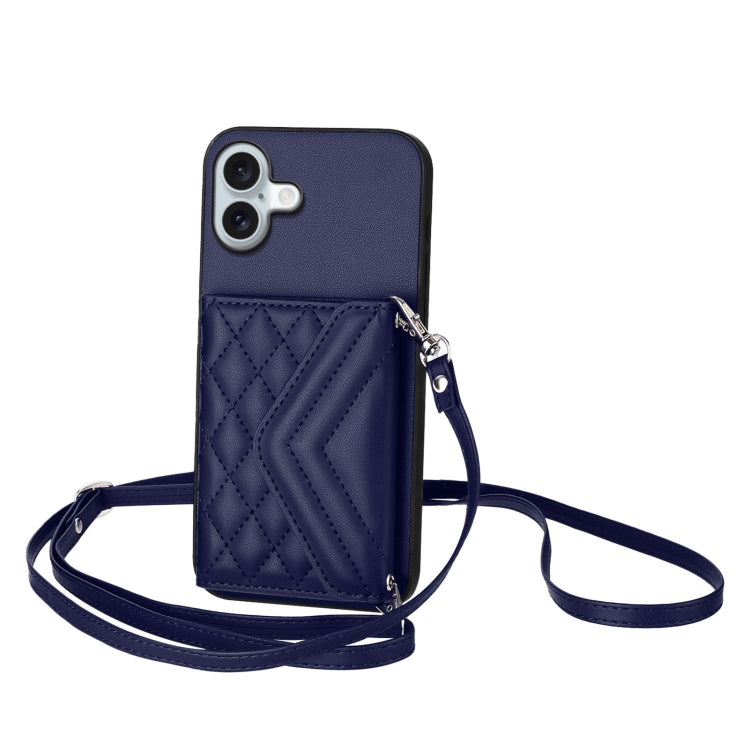Rhombic Texture Card Bag RFID Phone Case with Long Lanyard, For iPhone 16 Pro Max, For iPhone 16 Pro, For iPhone 16 Plus, For iPhone 16