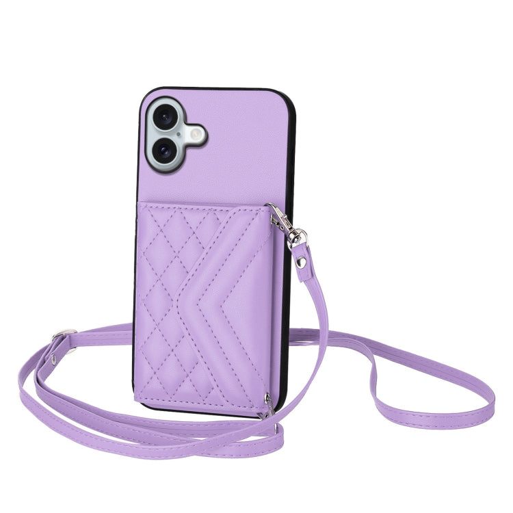 Rhombic Texture Card Bag RFID Phone Case with Long Lanyard, For iPhone 16 Pro Max, For iPhone 16 Pro, For iPhone 16 Plus, For iPhone 16