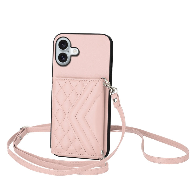 Rhombic Texture Card Bag RFID Phone Case with Long Lanyard, For iPhone 16 Pro Max, For iPhone 16 Pro, For iPhone 16 Plus, For iPhone 16