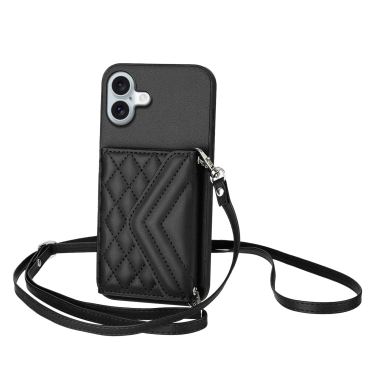 Rhombic Texture Card Bag RFID Phone Case with Long Lanyard, For iPhone 16 Pro Max, For iPhone 16 Pro, For iPhone 16 Plus, For iPhone 16