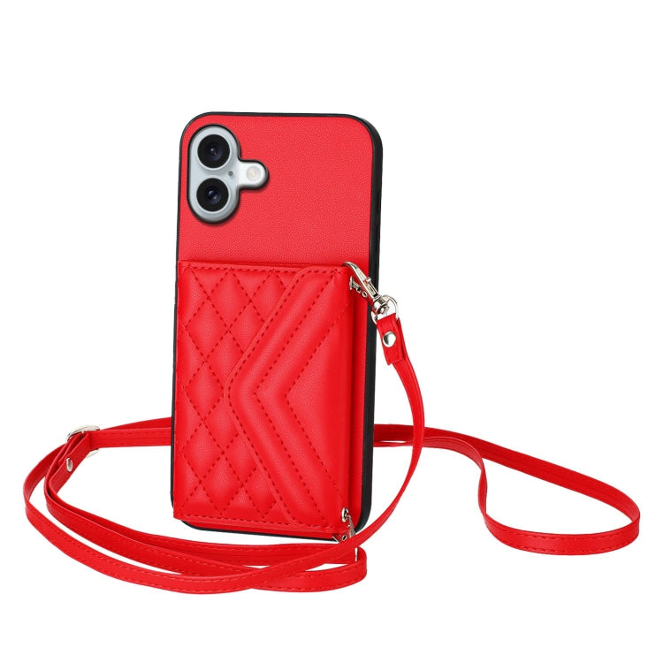 Rhombic Texture Card Bag RFID Phone Case with Long Lanyard, For iPhone 16 Pro Max, For iPhone 16 Pro, For iPhone 16 Plus, For iPhone 16
