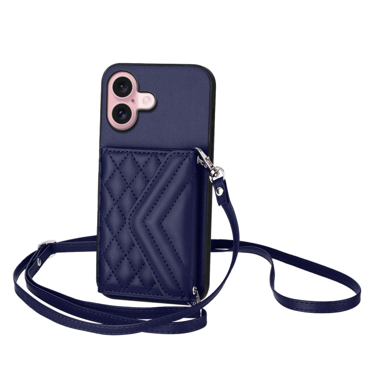 Rhombic Texture Card Bag RFID Phone Case with Long Lanyard, For iPhone 16 Pro Max, For iPhone 16 Pro, For iPhone 16 Plus, For iPhone 16