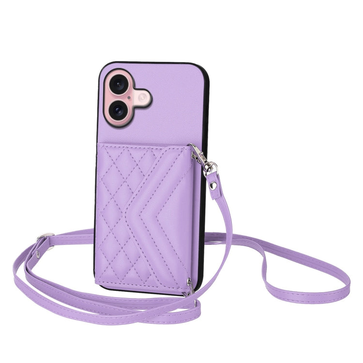 Rhombic Texture Card Bag RFID Phone Case with Long Lanyard, For iPhone 16 Pro Max, For iPhone 16 Pro, For iPhone 16 Plus, For iPhone 16