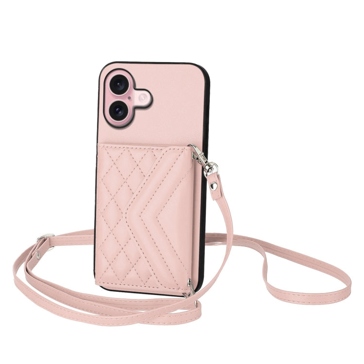 Rhombic Texture Card Bag RFID Phone Case with Long Lanyard, For iPhone 16 Pro Max, For iPhone 16 Pro, For iPhone 16 Plus, For iPhone 16