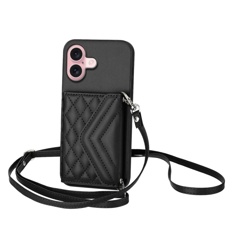 Rhombic Texture Card Bag RFID Phone Case with Long Lanyard, For iPhone 16 Pro Max, For iPhone 16 Pro, For iPhone 16 Plus, For iPhone 16