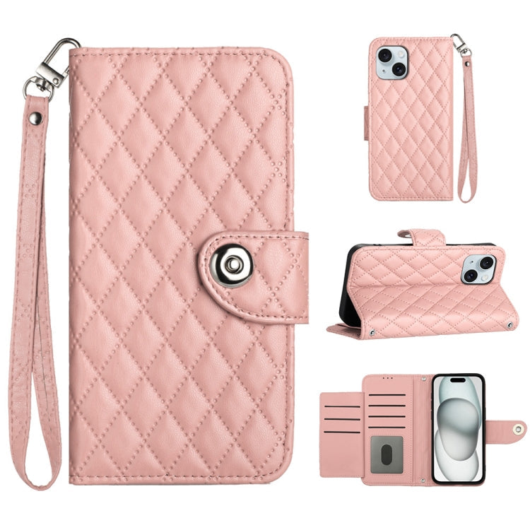 Rhombic Texture Flip Leather Phone Case with Lanyard, For iPhone 16, For iPhone 15 Pro Max, For iPhone 15 Pro, For iPhone 15 Plus
