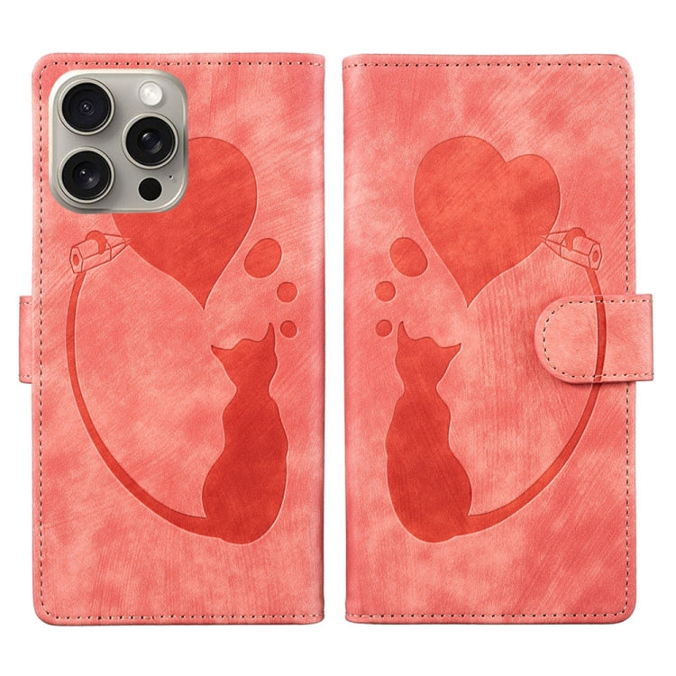 Pen Heart Cat Embossed Leather Phone Case, For iPhone 15 Pro Max, For iPhone 15 Pro, For iPhone 15 Plus, For iPhone 15