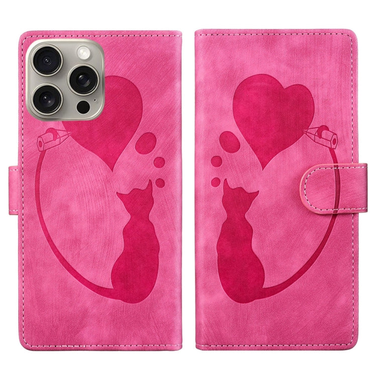 Pen Heart Cat Embossed Leather Phone Case, For iPhone 15 Pro Max, For iPhone 15 Pro, For iPhone 15 Plus, For iPhone 15