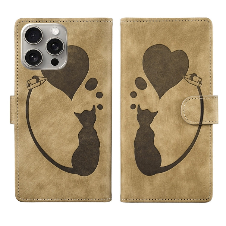 Pen Heart Cat Embossed Leather Phone Case, For iPhone 15 Pro Max, For iPhone 15 Pro, For iPhone 15 Plus, For iPhone 15