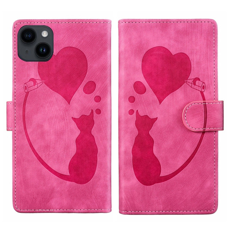 Pen Heart Cat Embossed Leather Phone Case, For iPhone 14 Plus, For iPhone 14, For iPhone 14 Pro, For iPhone 14 Pro Max
