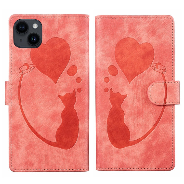 Pen Heart Cat Embossed Leather Phone Case, For iPhone 14 Plus, For iPhone 14, For iPhone 14 Pro, For iPhone 14 Pro Max