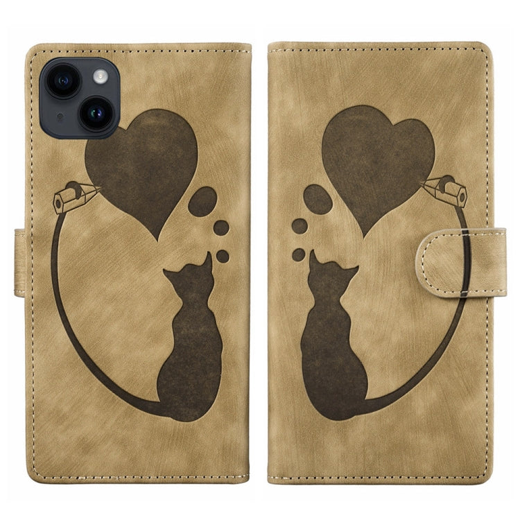 Pen Heart Cat Embossed Leather Phone Case, For iPhone 14 Plus, For iPhone 14, For iPhone 14 Pro, For iPhone 14 Pro Max