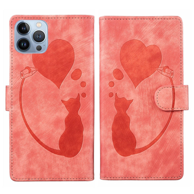 Pen Heart Cat Embossed Leather Phone Case, For iPhone 7 / 8 / SE 2022, For iPhone 13 Pro Max, For iPhone 13 Pro, For iPhone 13