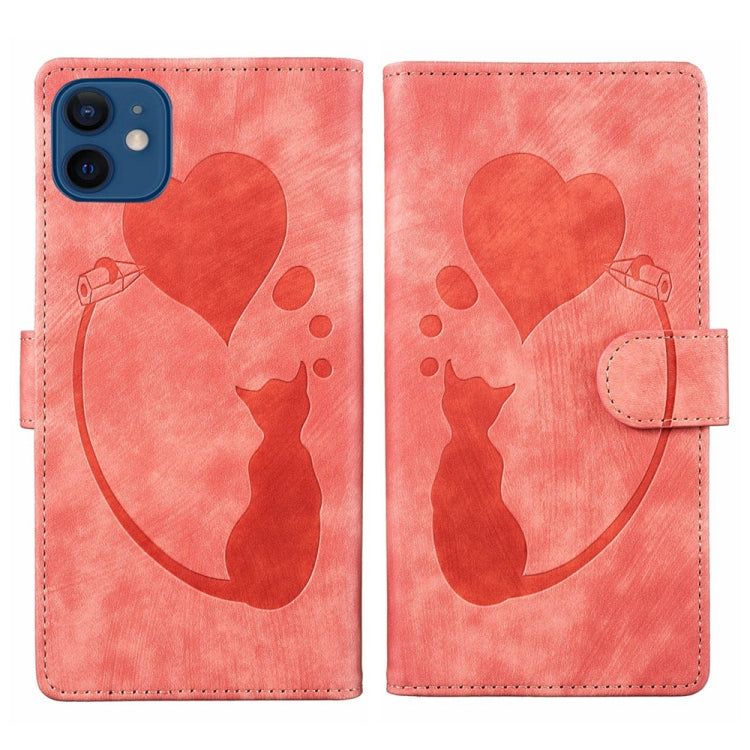 Pen Heart Cat Embossed Leather Phone Case, For iPhone 13 mini, For iPhone 12, For iPhone 12 Pro Max, For iPhone 12 Pro