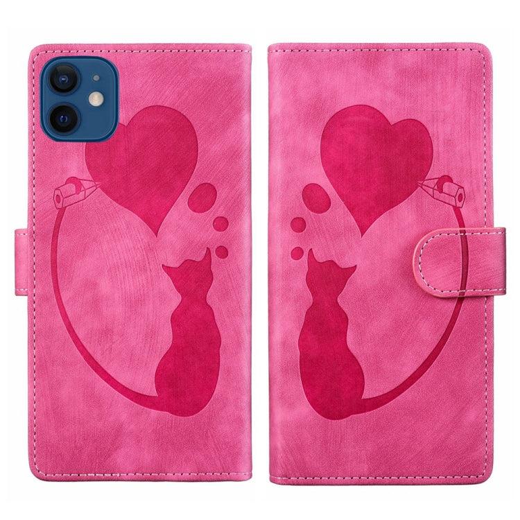 Pen Heart Cat Embossed Leather Phone Case, For iPhone 13 mini, For iPhone 12, For iPhone 12 Pro Max, For iPhone 12 Pro