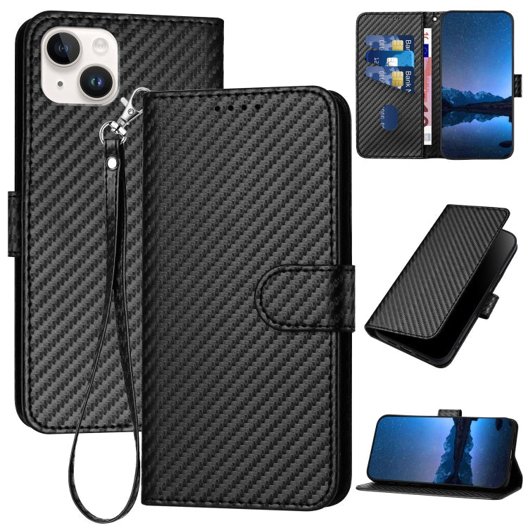 YX0070 Carbon Fiber Buckle Leather Phone Case with Lanyard, For iPhone 15 Pro Max, For iPhone 15 Pro, For iPhone 15 Plus
