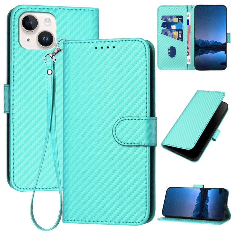 YX0070 Carbon Fiber Buckle Leather Phone Case with Lanyard, For iPhone 15, For iPhone 14 Plus, For iPhone 14
