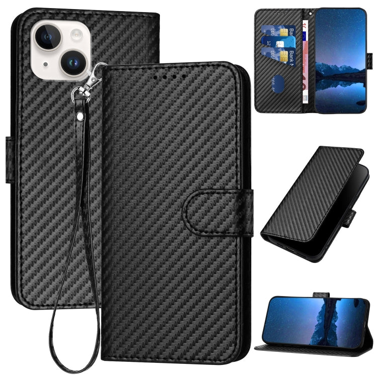 YX0070 Carbon Fiber Buckle Leather Phone Case with Lanyard, For iPhone 15, For iPhone 14 Plus, For iPhone 14