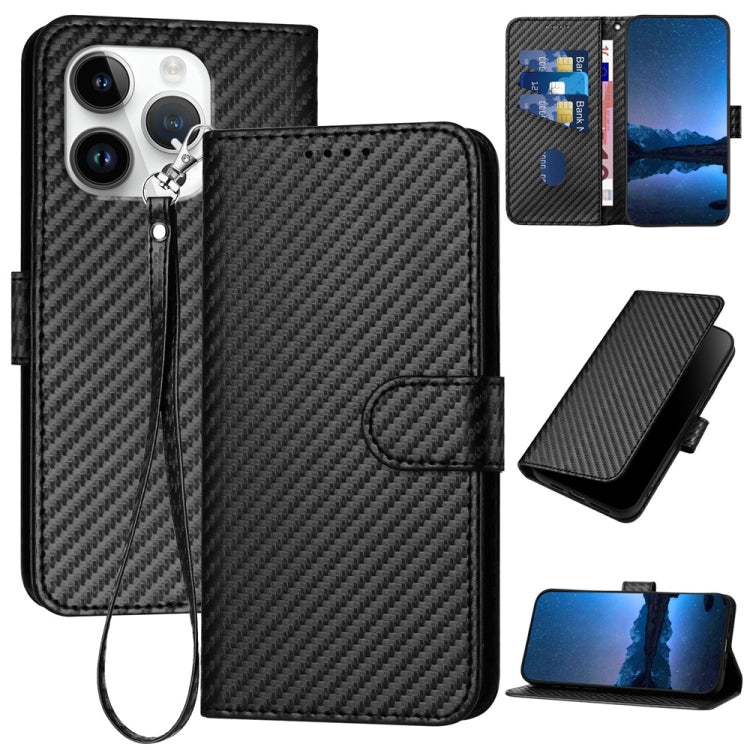 YX0070 Carbon Fiber Buckle Leather Phone Case with Lanyard, For iPhone 16 Pro, For iPhone 16 Plus, For iPhone 16