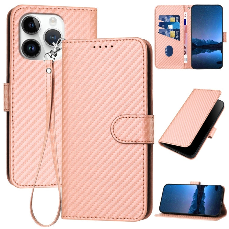 YX0070 Carbon Fiber Buckle Leather Phone Case with Lanyard, For iPhone 16 Pro, For iPhone 16 Plus, For iPhone 16