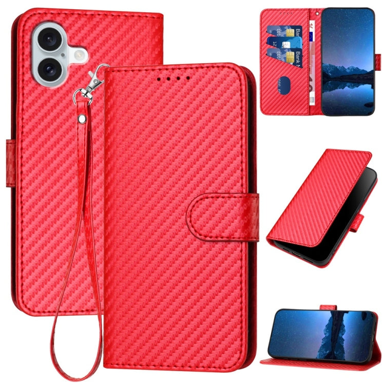 YX0070 Carbon Fiber Buckle Leather Phone Case with Lanyard, For iPhone 16 Pro, For iPhone 16 Plus, For iPhone 16