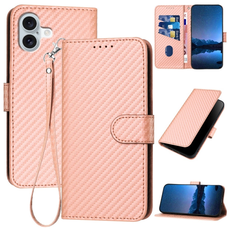 YX0070 Carbon Fiber Buckle Leather Phone Case with Lanyard, For iPhone 16 Pro, For iPhone 16 Plus, For iPhone 16