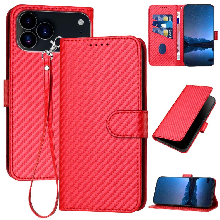 YX0070 Carbon Fiber Buckle Leather Phone Case with Lanyard, For iPhone 17e / 16e, For iPhone 17 Pro Max, For iPhone 17 Pro