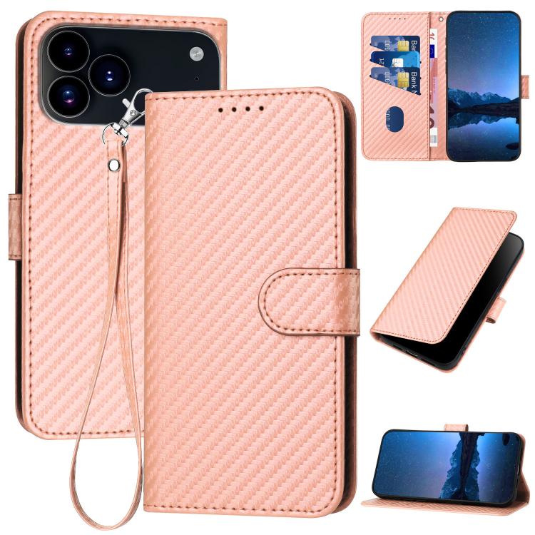 YX0070 Carbon Fiber Buckle Leather Phone Case with Lanyard, For iPhone 17e / 16e, For iPhone 17 Pro Max, For iPhone 17 Pro