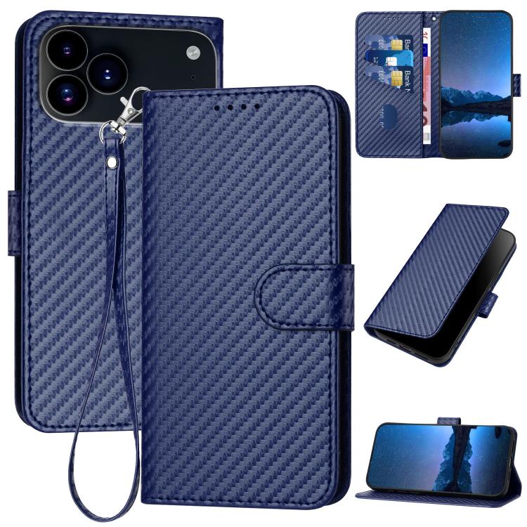 YX0070 Carbon Fiber Buckle Leather Phone Case with Lanyard, For iPhone 17e / 16e, For iPhone 17 Pro Max, For iPhone 17 Pro