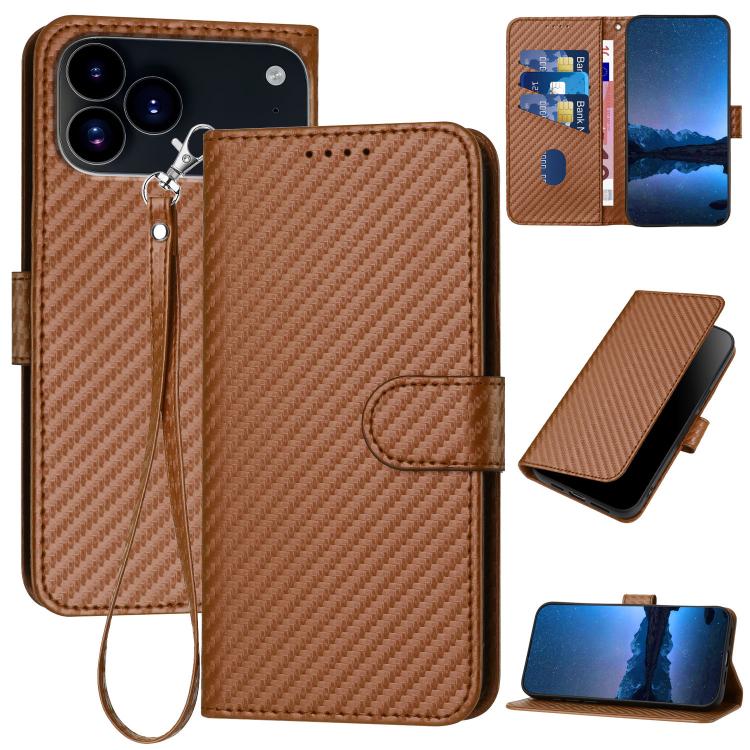 YX0070 Carbon Fiber Buckle Leather Phone Case with Lanyard, For iPhone 17e / 16e, For iPhone 17 Pro Max, For iPhone 17 Pro
