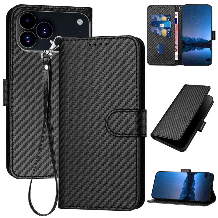 YX0070 Carbon Fiber Buckle Leather Phone Case with Lanyard, For iPhone 17e / 16e, For iPhone 17 Pro Max, For iPhone 17 Pro