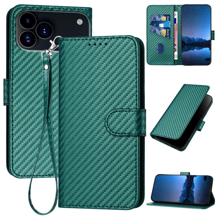 YX0070 Carbon Fiber Buckle Leather Phone Case with Lanyard, For iPhone 17e / 16e, For iPhone 17 Pro Max, For iPhone 17 Pro