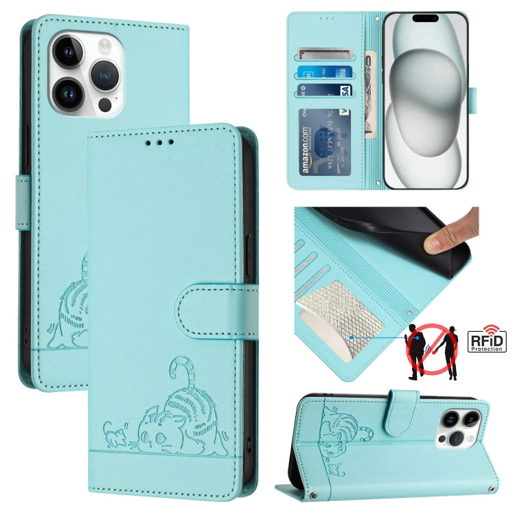 Cat Rat Embossed Pattern RFID Leather Phone Case with Lanyard, For iPhone SE 2024, For iPhone 15 Pro Max, For iPhone 15 Pro, For iPhone 15 Plus