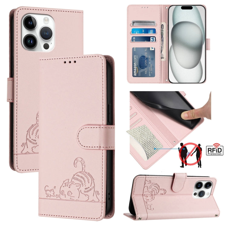 Cat Rat Embossed Pattern RFID Leather Phone Case with Lanyard, For iPhone SE 2024, For iPhone 15 Pro Max, For iPhone 15 Pro, For iPhone 15 Plus