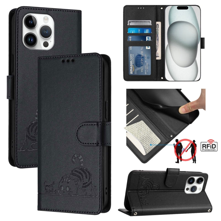 Cat Rat Embossed Pattern RFID Leather Phone Case with Lanyard, For iPhone SE 2024, For iPhone 15 Pro Max, For iPhone 15 Pro, For iPhone 15 Plus