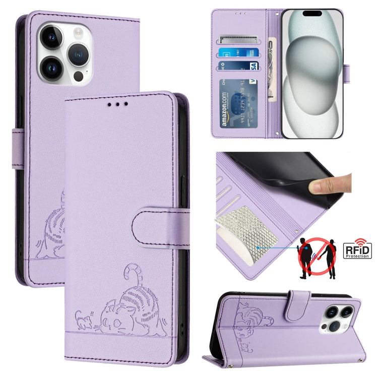 Cat Rat Embossed Pattern RFID Leather Phone Case with Lanyard, For iPhone SE 2024, For iPhone 15 Pro Max, For iPhone 15 Pro, For iPhone 15 Plus
